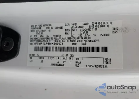 2021 Ford F150 from USA, damaged, VIN 1FTMF1CP3MKE69074